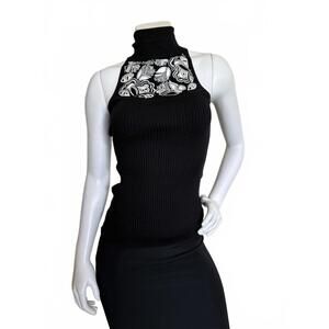 White House Black Market XS Ribbed Turtleneck Halter Top Embroidered Chest NWT